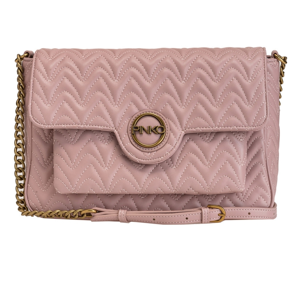 NWT PINKO 28 Peony Crossover Pink Eco Nappa Leather Gold Shoulder Crossbody Bag